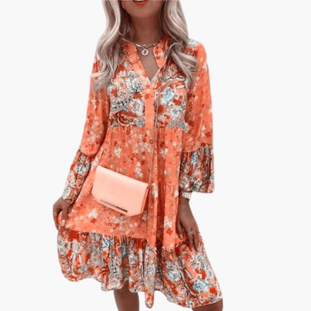 Women’s A-line dress with floral print and tiered skirt