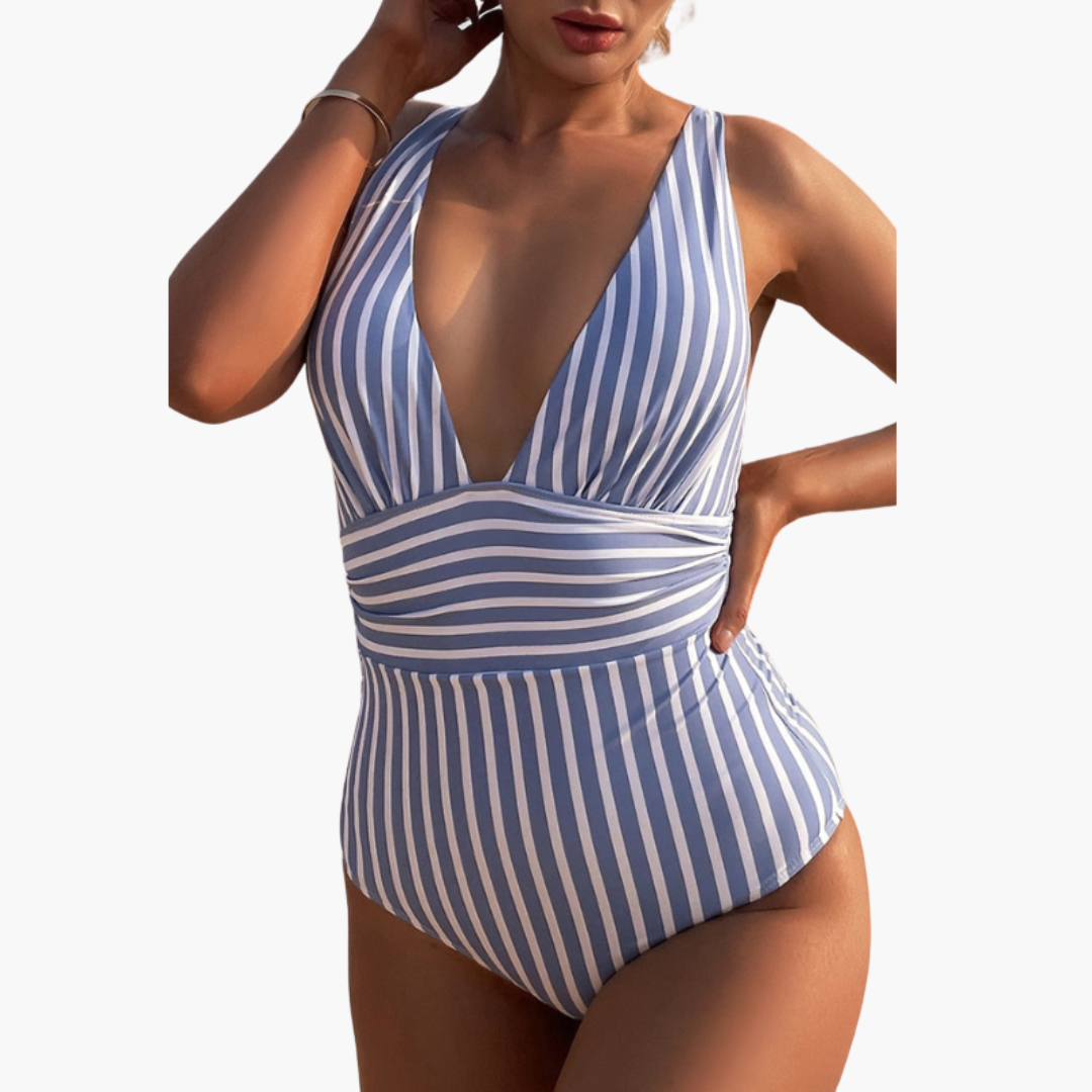 Striped One-Piece Swimsuit - Women's Shaping Beachwear Style