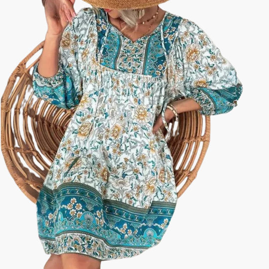 Women’s boho floral dress with long sleeves and V-neckline