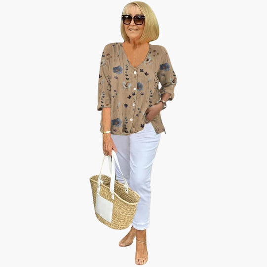Women’s relaxed-fit blouse with floral print and V-neckline