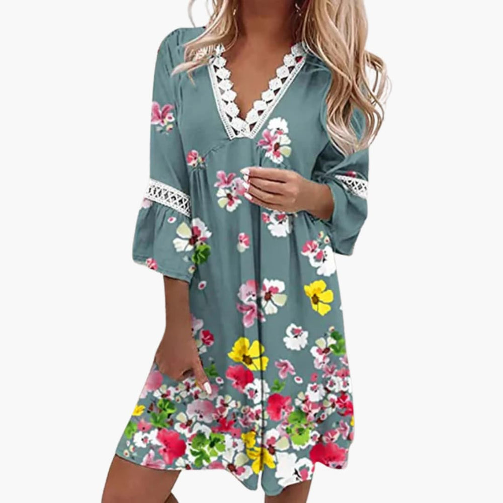 Women's cotton boho dress with floral print and lace trim sleeves