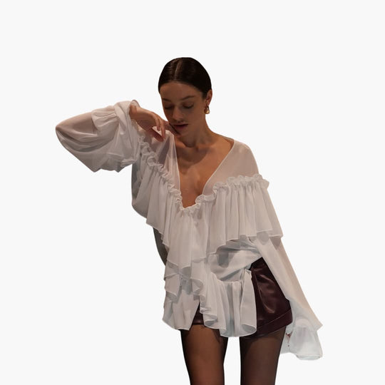 Women’s chiffon long sleeve blouse with V-neck and ruffles