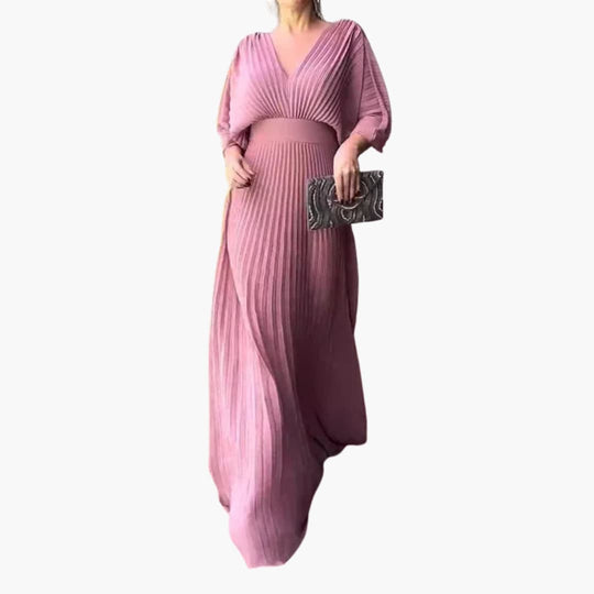 Women's all-season floor-length pleated formal dress with V-neck