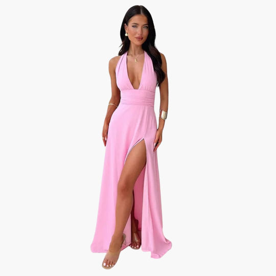 V Neck Maxi Dress for Women - Halter Neck High Slit Style