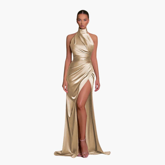 Satin Evening Dress for Women - Halter Neck High Slit Gown
