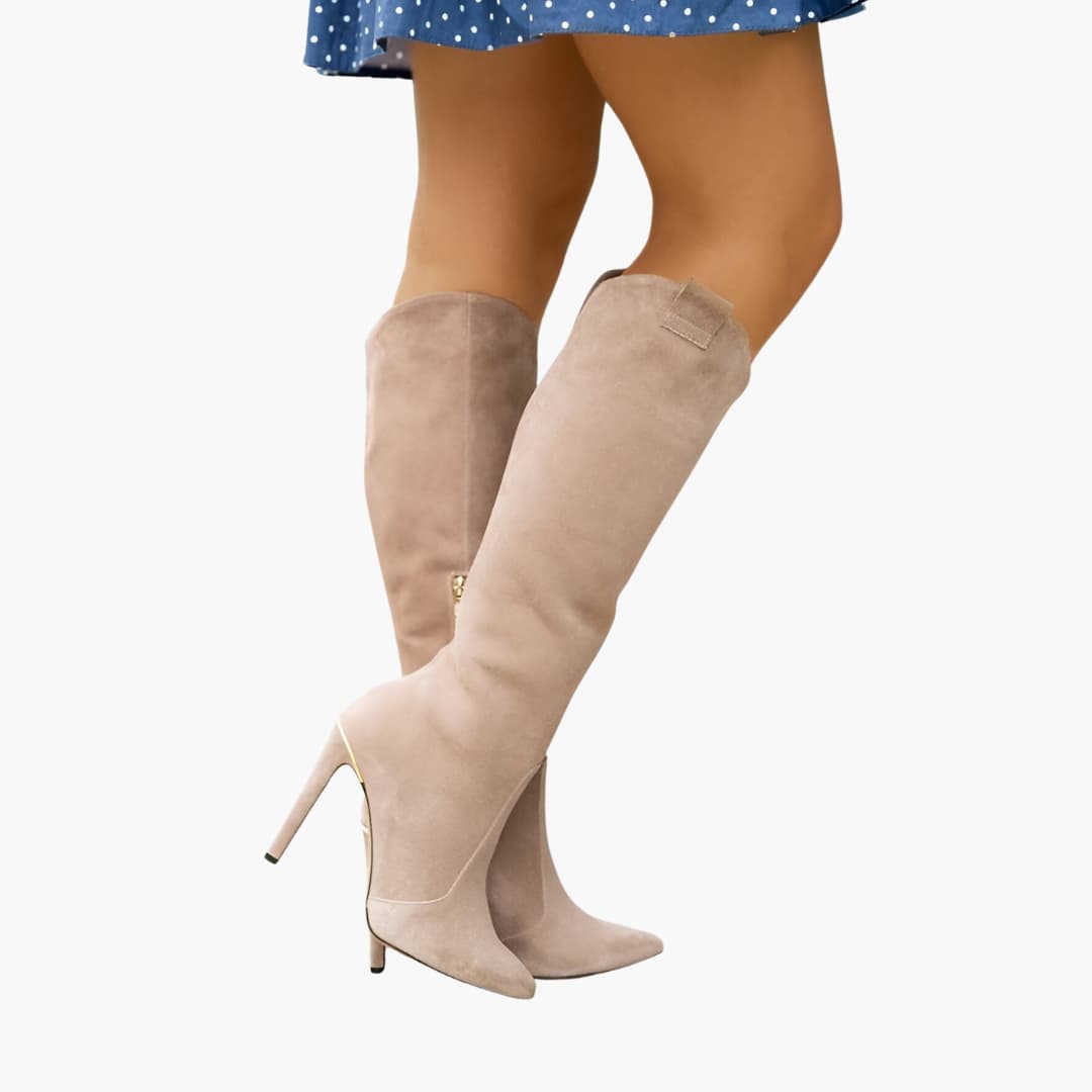 Women’s knee-high heeled boots with zipper and pointed toe