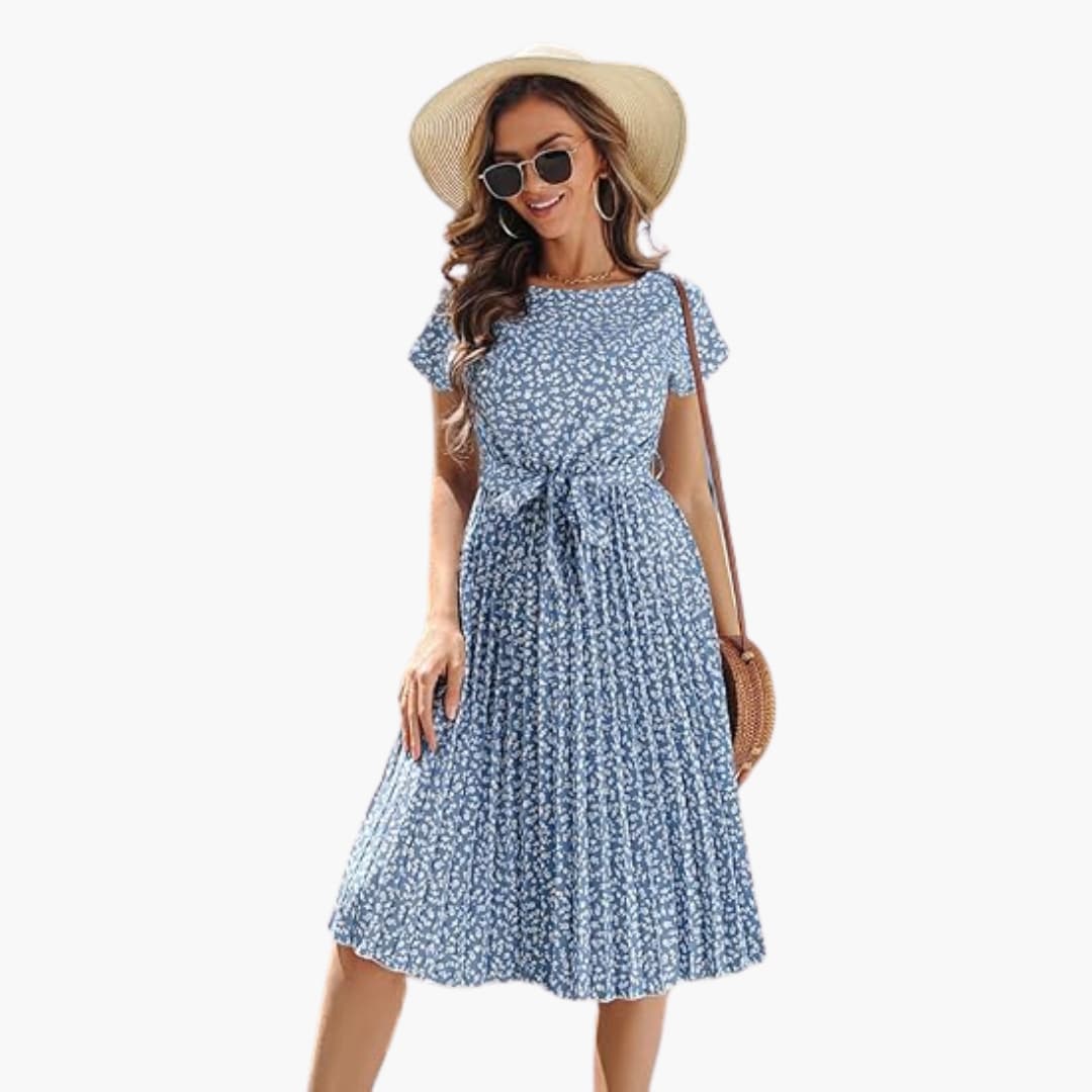 Summer Dress - Women’s Floral Belted Casual Knee-Length Fit