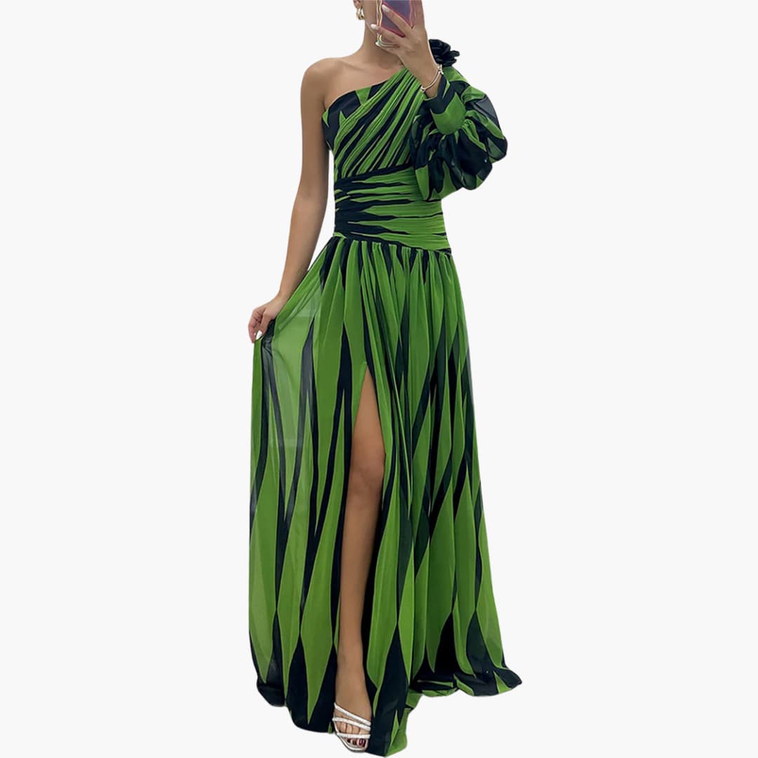 One Shoulder Maxi Dress for Women - Elegant Striped Slit