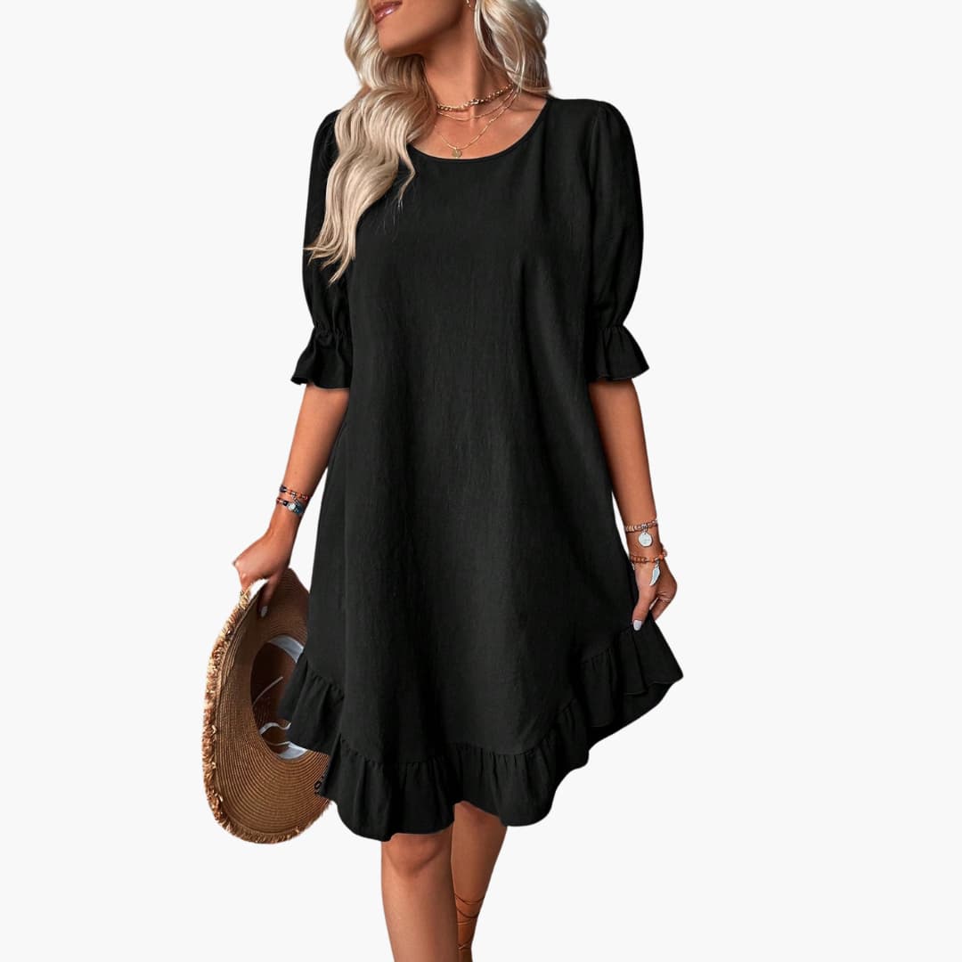 Summer Dress - Women’s Puff Sleeve Ruffle Hem Casual Fit