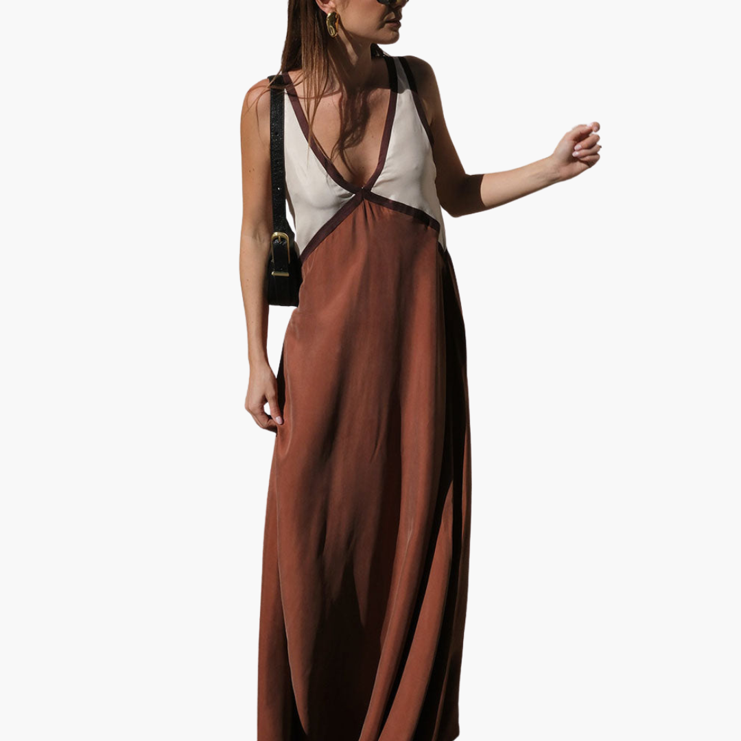 V-neck Colour-Block Maxi Dress for Women - Stylish & Lightweight