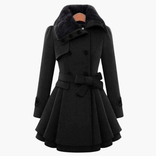 Flared Wool Trench Coat for Women - Belted with Fur Collar