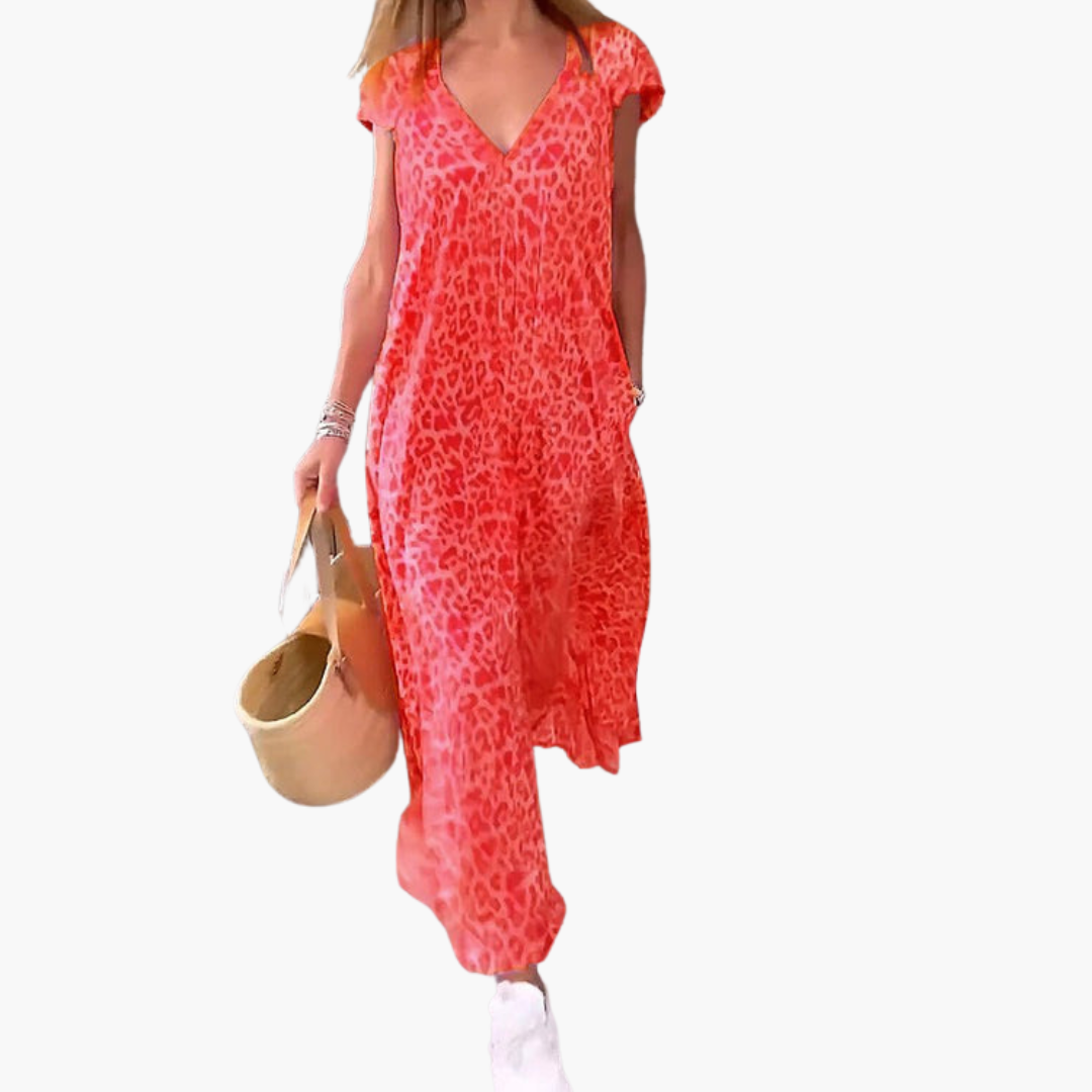 Leopard Print Midi Dress for Women – V-Neck & Loose Fit