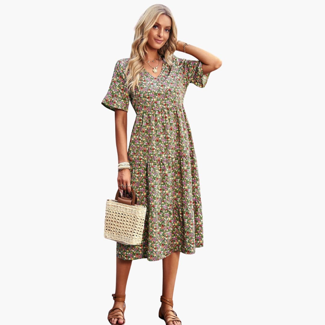 Women’s summer polyester dress with floral print and short sleeves