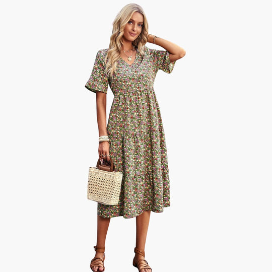 Women’s summer polyester dress with floral print and short sleeves