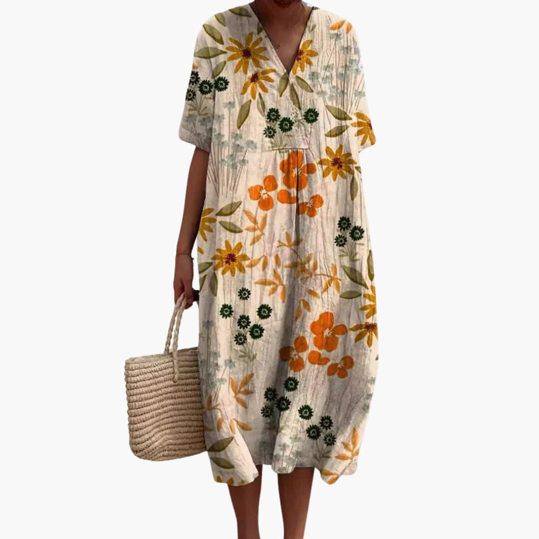 Women's floral summer dress with V-neck and short sleeves
