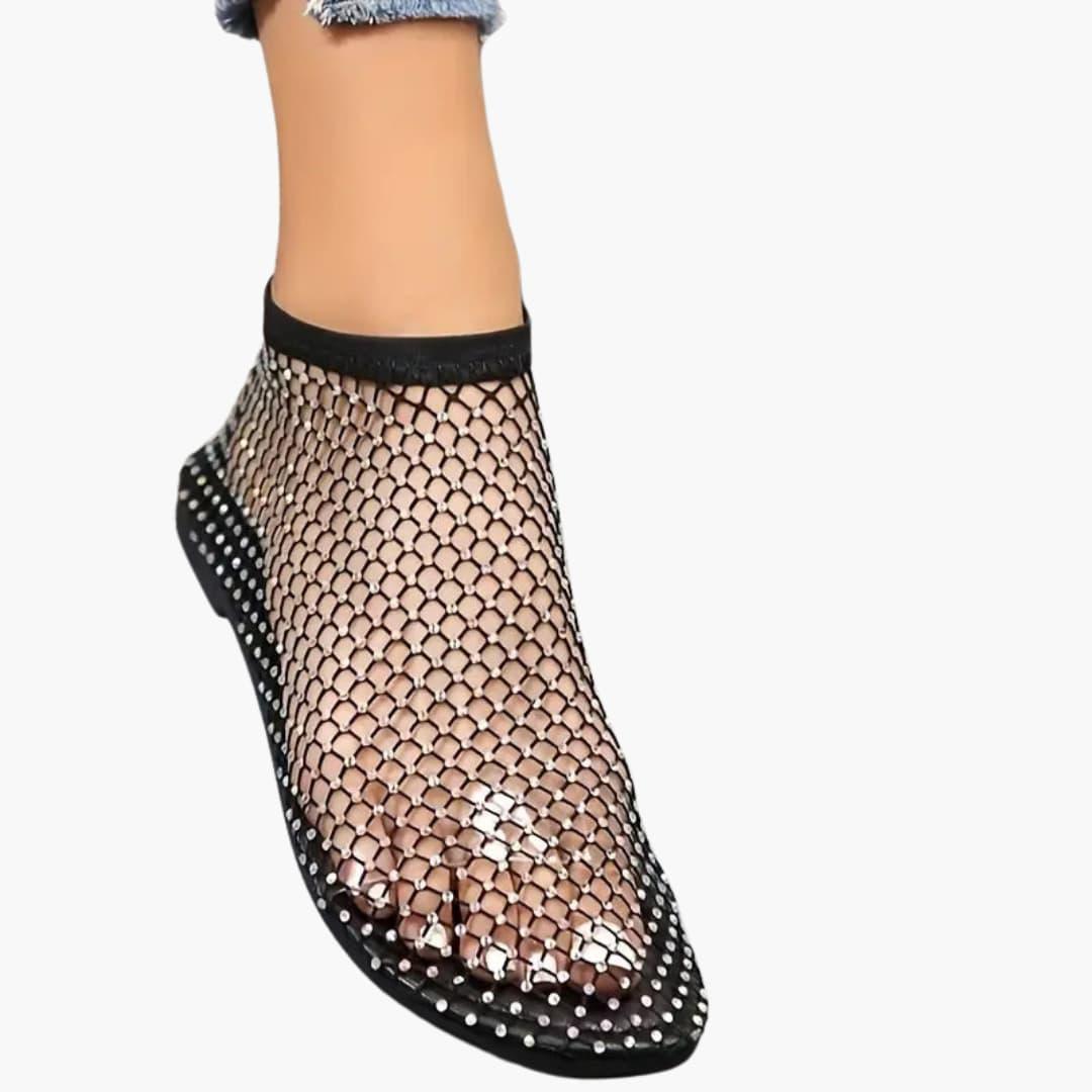 Women's mesh cutout sandals with cushioned insole and flat sole
