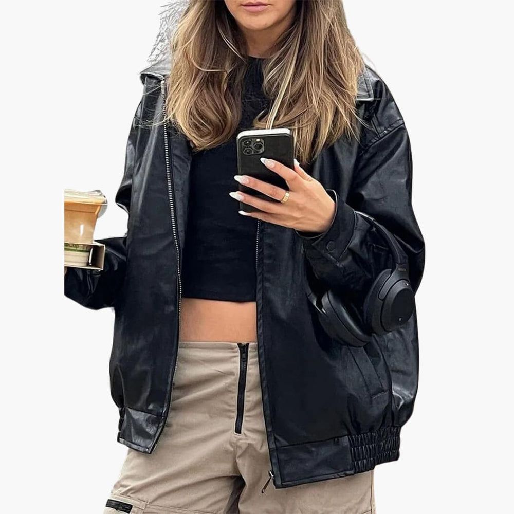 Faux Leather Zip Jacket - Women's Chic All-Season Style