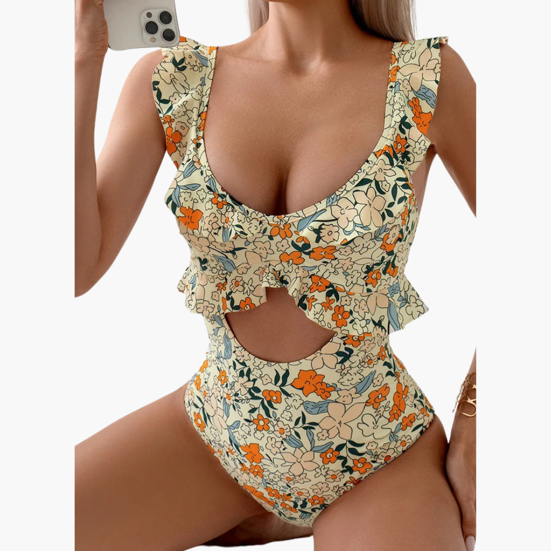 Floral One Piece Swimsuit - Ruffled Women’s Cut-Out Design