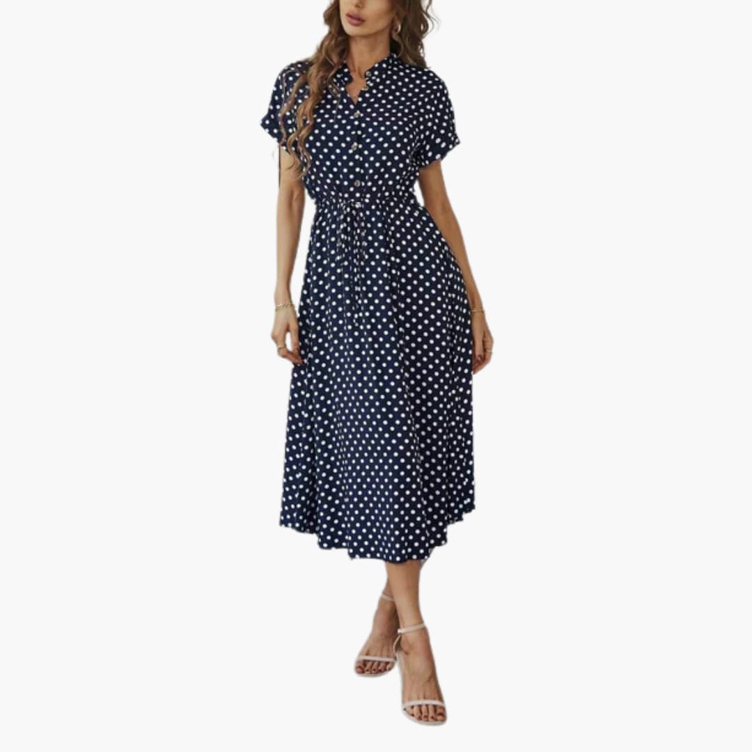 Women’s midi dress with short sleeves and button front