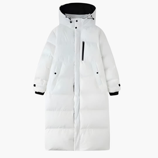 Women's long winter puffer jacket with hood and zip pockets