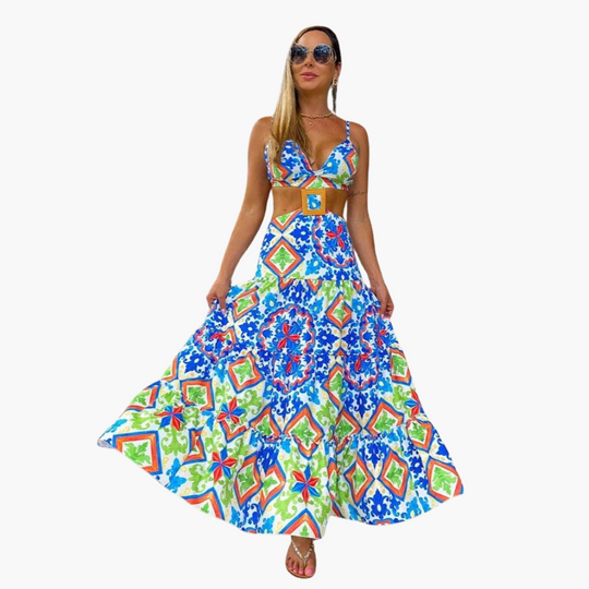 Printed Two-Piece Set - Women's Beach Crop Top & Maxi Skirt