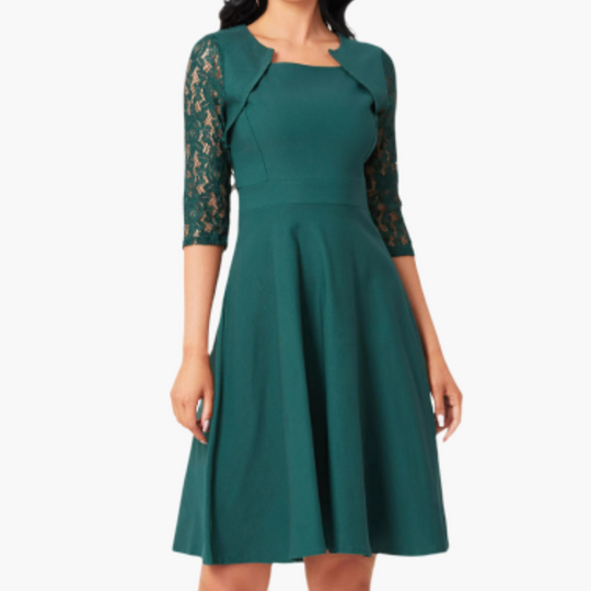 Elegant Dress for Women - Lace Sleeves & Flared Skirt