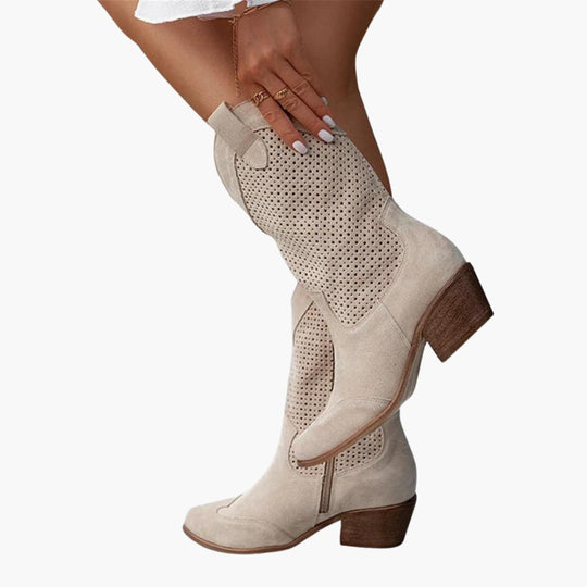 Women’s mid-calf boots with perforated panels and side zip