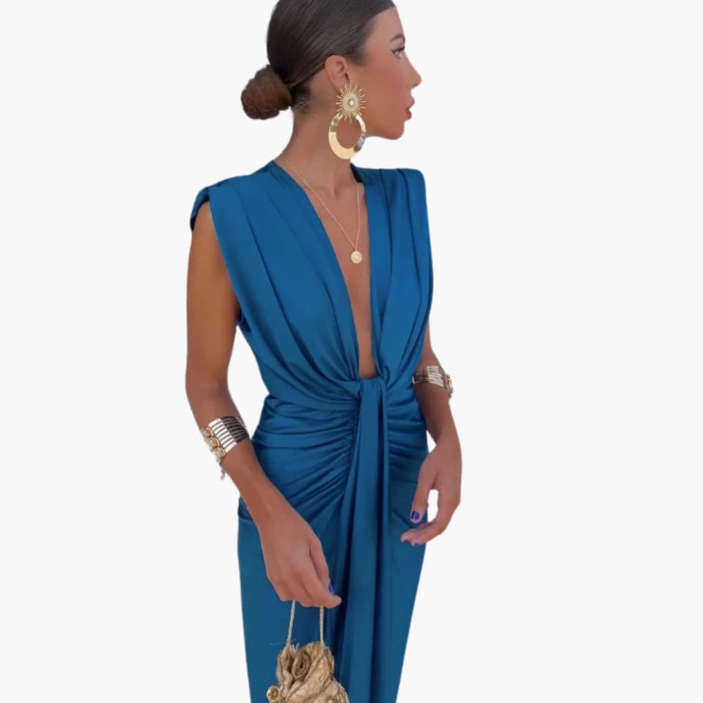 Elegant Pleated Midi Dress - Women's Formal Evening Wear