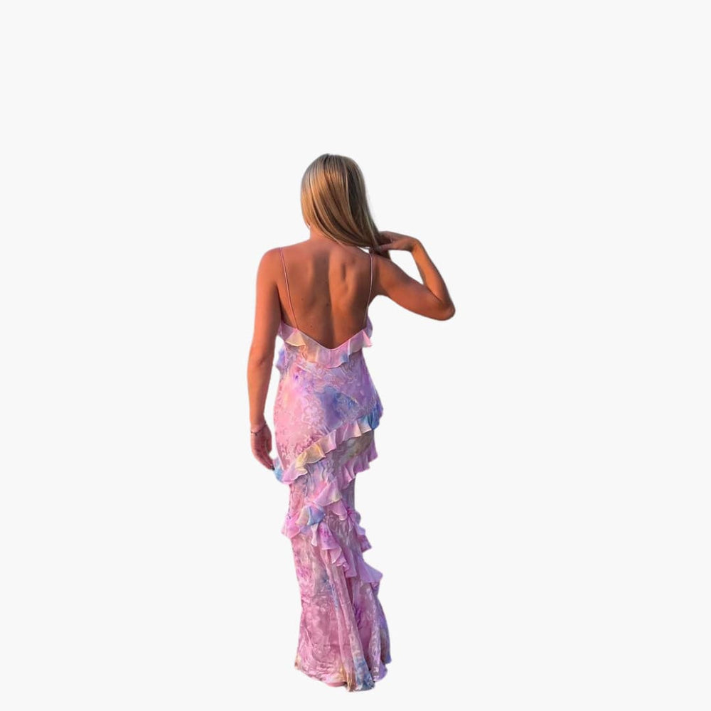 Women’s maxi dress with open back and layered ruffles
