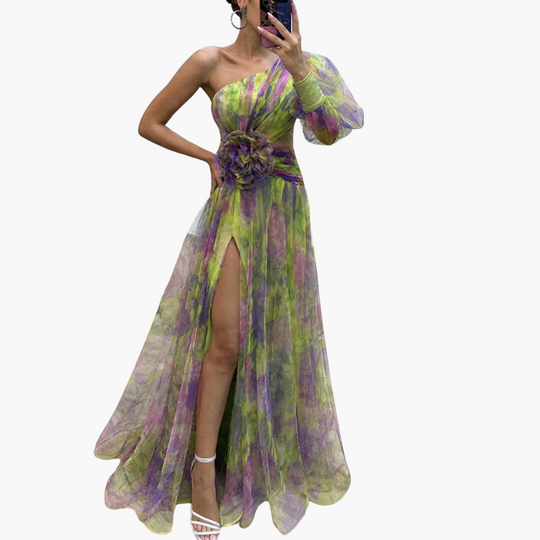 Elegant One-Shoulder Dress for Women - Floral Design with Slit