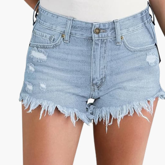 Women's denim shorts with high waist and ripped details