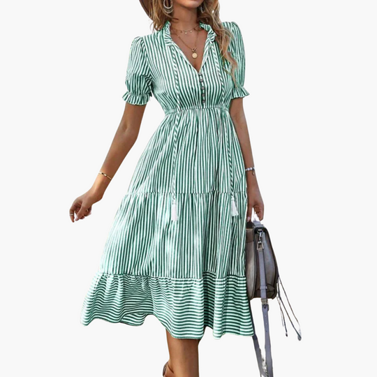 Striped V-Neck Dress with Puff Sleeves - Women's Tiered Hem