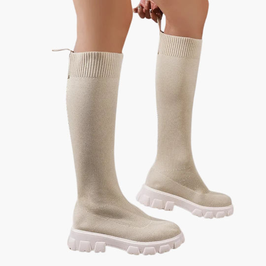 Women’s winter knee-high boots with stretch knit and round toe