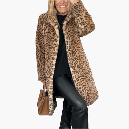Leopard Print Faux Fur Coat - Women's Long Winter Jacket