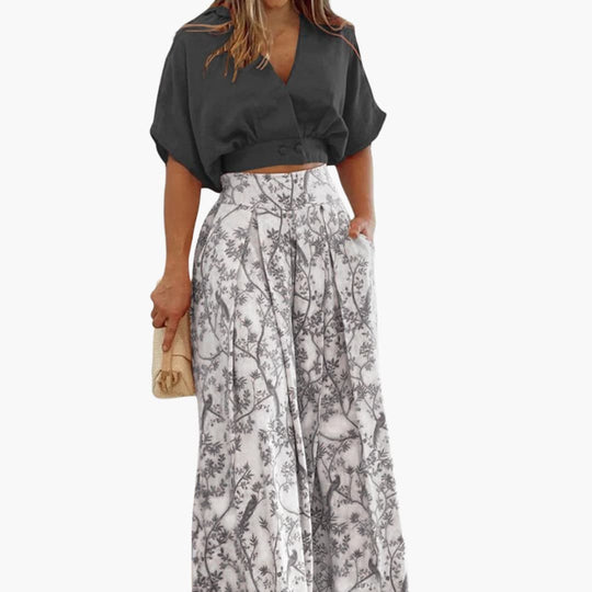 Women’s two-piece set with puff sleeve top and palazzo trousers
