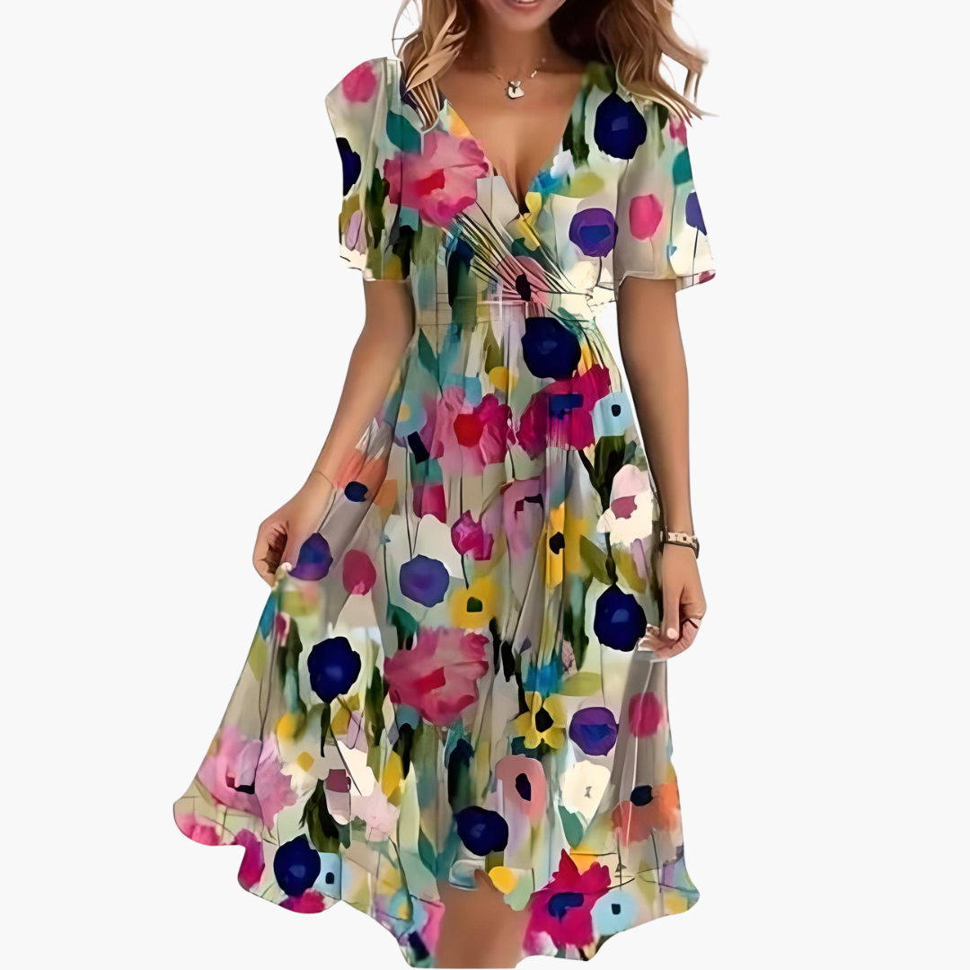 Women’s midi dress with V-neck and flared summer skirt