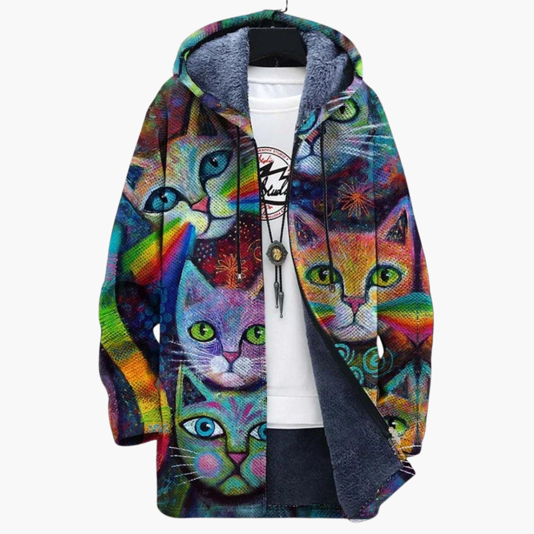 Cat Print Fleece Jacket - Men's Graphic Zip Up Hoodie