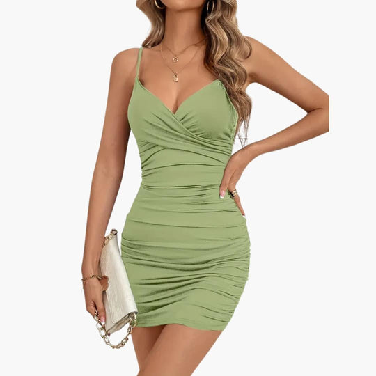 Ruched Bodycon Mini Dress - Sexy V-Neck Party Dress for Women