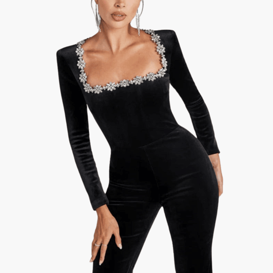 Velvet Evening Jumpsuit – Women's Embellished Square Neck