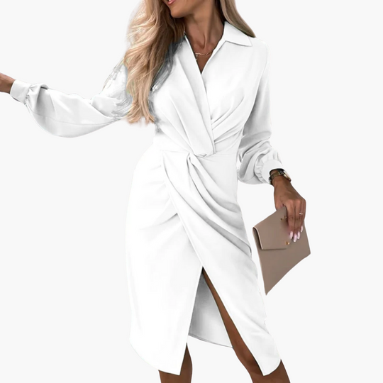 Wrap Dress with V-Neck and Long Sleeves - Women's Elegant Fit