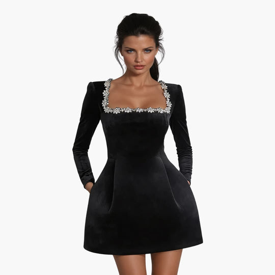 Women’s mini dress with long sleeves and square neckline