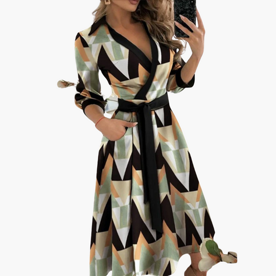 Geometric Print Wrap Midi Dress – Women's Elegant Sleeve
