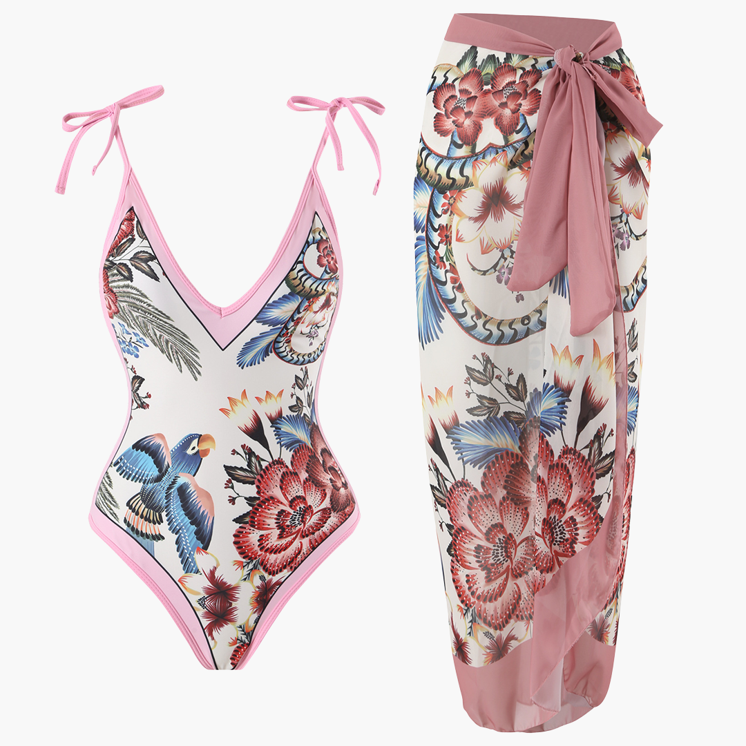 Floral One-Piece Swimsuit Set - for Women with Sarong