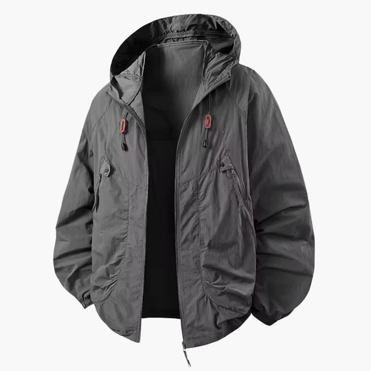 Unisex windbreaker jacket with hood and zip pockets for outdoors