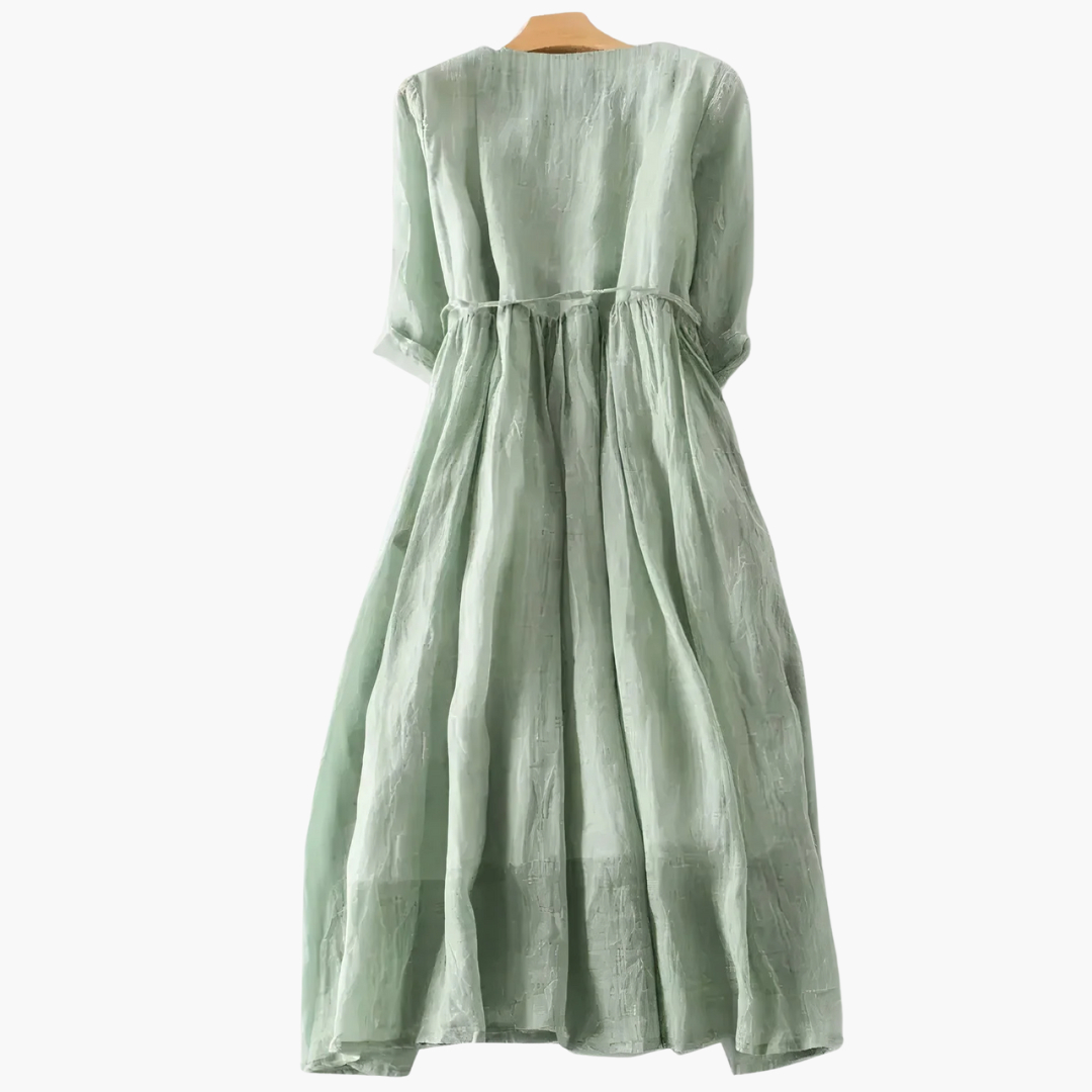 Long Elegant Dress for Women - Button Placket & Tie Waist