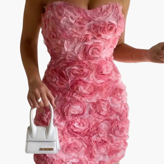 Strapless Floral Dress for Women - Elegant 3D Rose Design