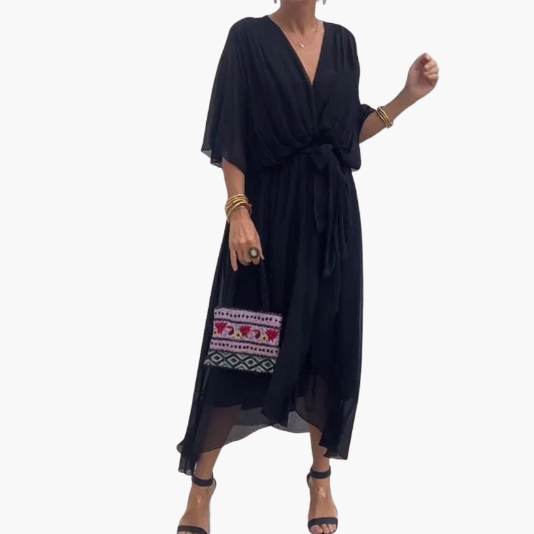 Chiffon Midi Dress with V-Neck and Belt - Women’s Stylish Wear