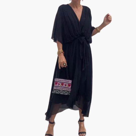 Chiffon Midi Dress with V-Neck and Belt - Women’s Stylish Wear