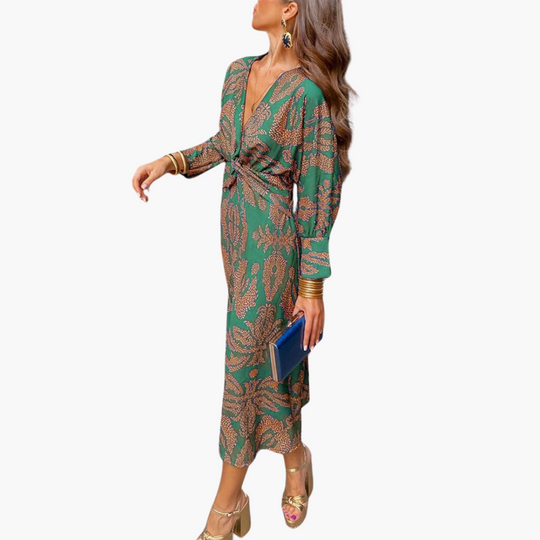 Printed Twist Front Midi Dress for Women – V-Neck & Long Sleeve