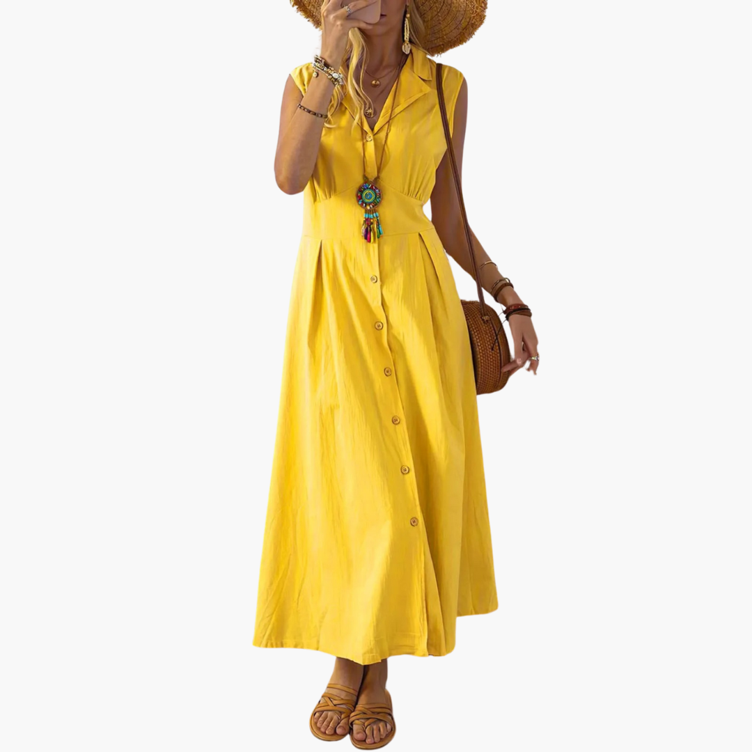 Button-Down Collared Midi Dress – Women's V-Neck Summer Style - IsabellaMae